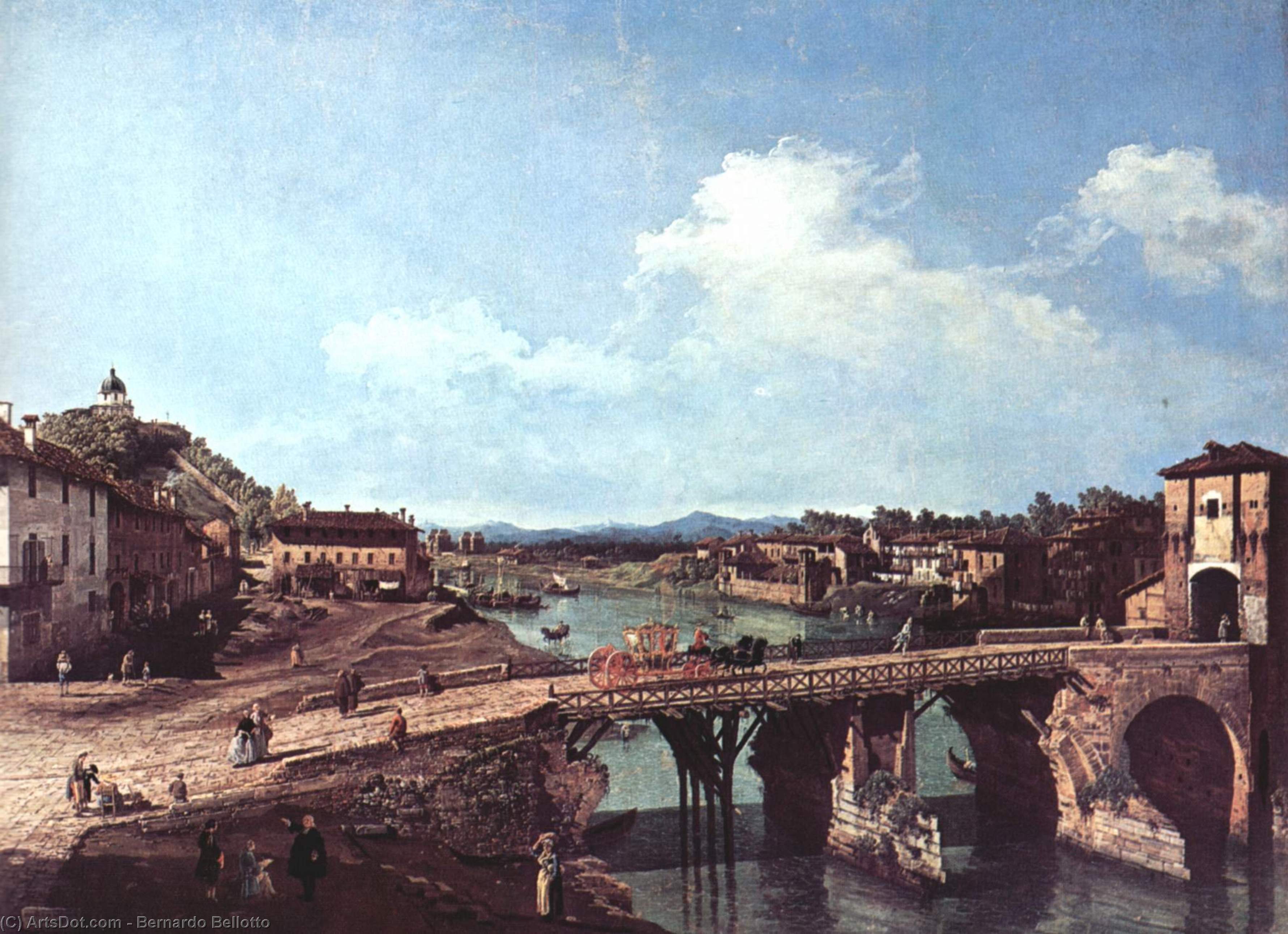 WikiOO.org – 美術百科全書 - 繪畫，作品 Bernardo Bellotto -  查看 一个老 桥  在 波河 , 都灵