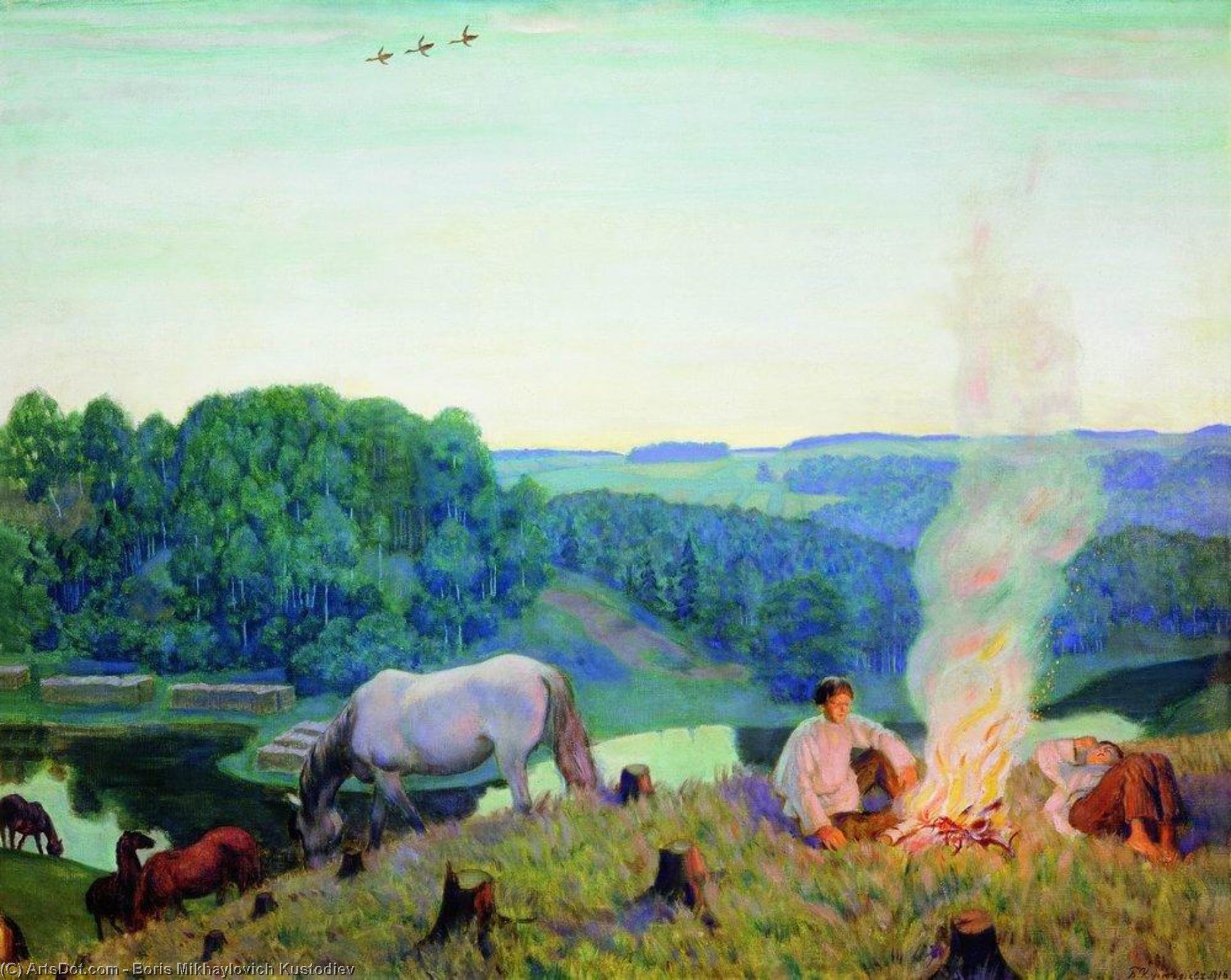 Wikioo.org - The Encyclopedia of Fine Arts - Painting, Artwork by Boris Mikhaylovich Kustodiev - Fireplace (Night)