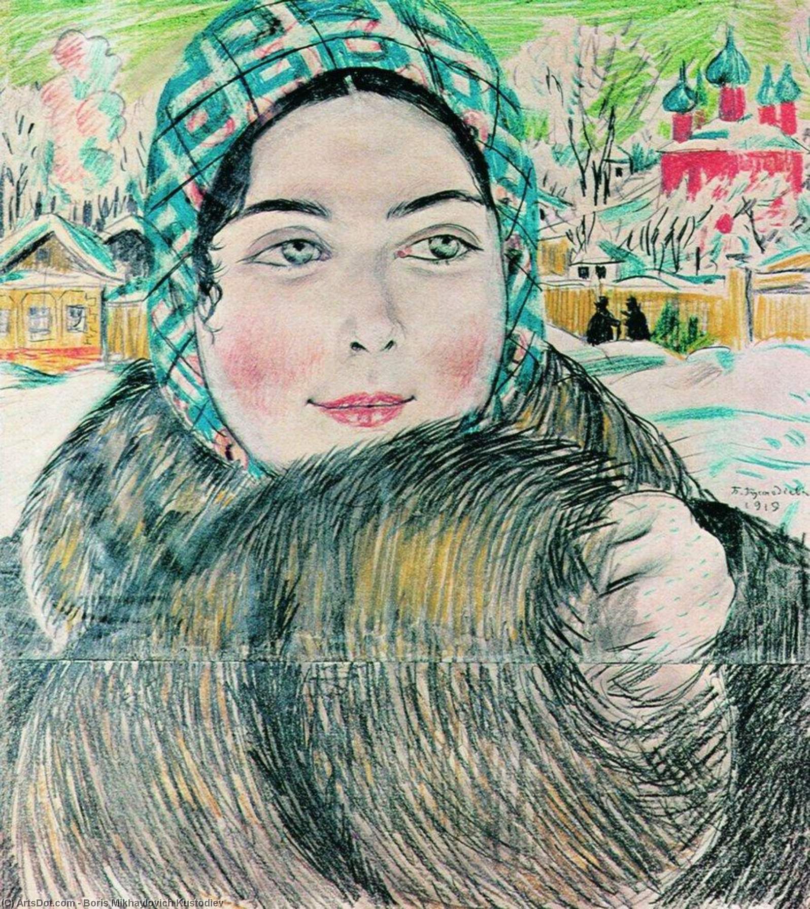 WikiOO.org - Εγκυκλοπαίδεια Καλών Τεχνών - Ζωγραφική, έργα τέχνης Boris Mikhaylovich Kustodiev - A young merchant's wife in the a checkered scarf