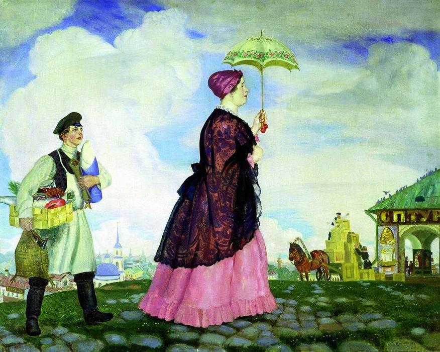 Wikioo.org - The Encyclopedia of Fine Arts - Painting, Artwork by Boris Mikhaylovich Kustodiev - Mercahnt's Wife with Purchases