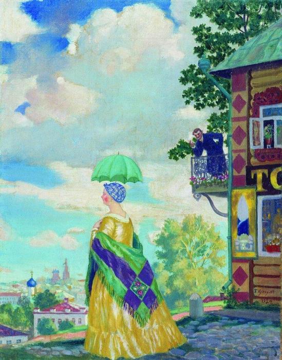 Wikioo.org - The Encyclopedia of Fine Arts - Painting, Artwork by Boris Mikhaylovich Kustodiev - Merchant's wife on the promenade