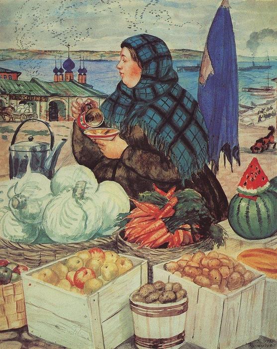 Wikioo.org - The Encyclopedia of Fine Arts - Painting, Artwork by Boris Mikhaylovich Kustodiev - Vegetables Merchant
