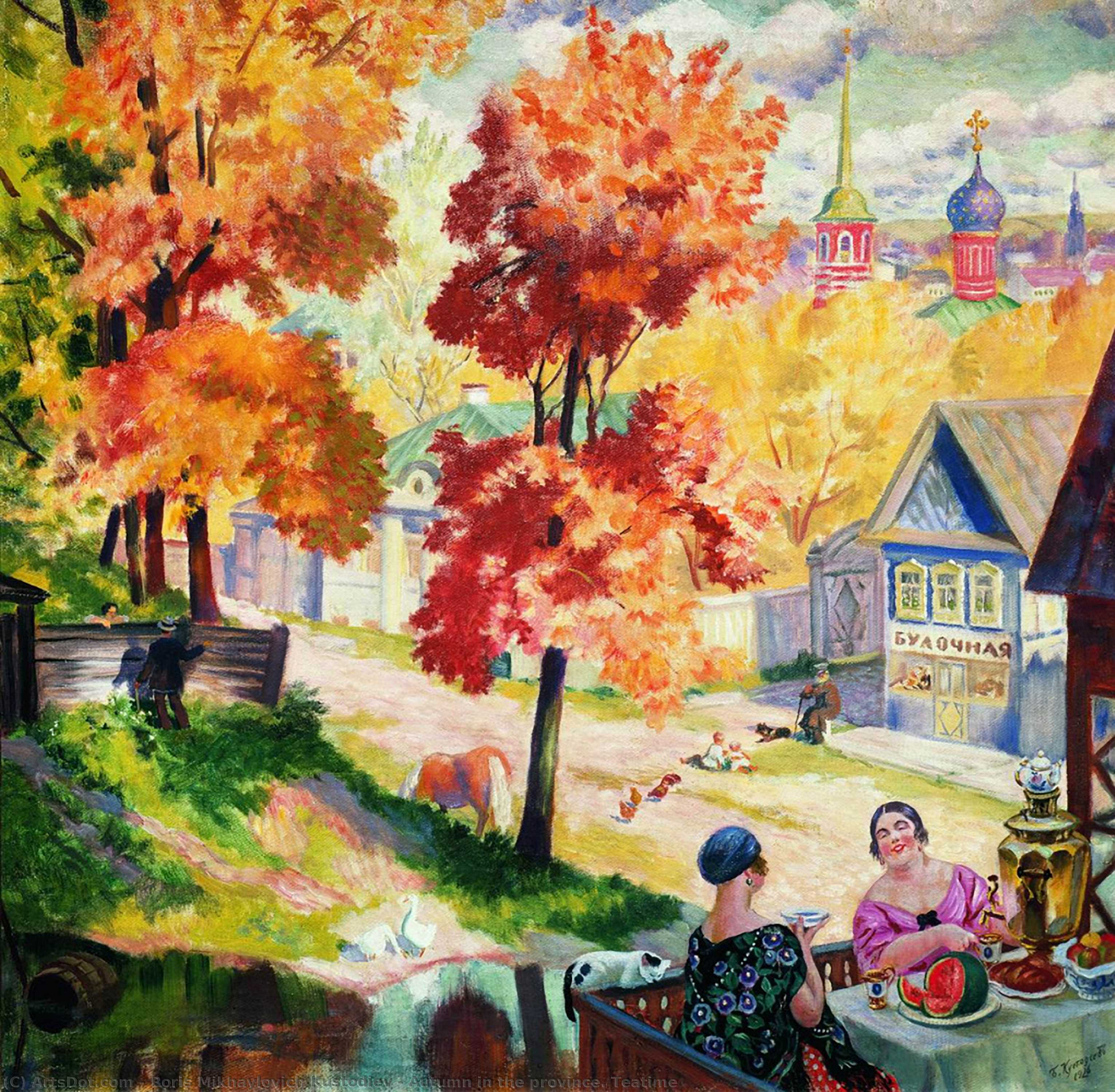 Wikoo.org - موسوعة الفنون الجميلة - اللوحة، العمل الفني Boris Mikhaylovich Kustodiev - Autumn in the province. Teatime