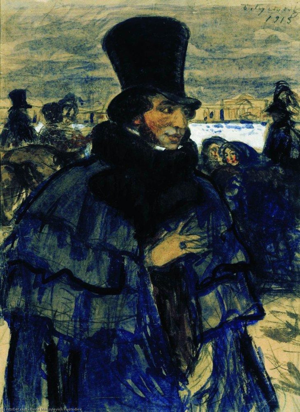 WikiOO.org - אנציקלופדיה לאמנויות יפות - ציור, יצירות אמנות Boris Mikhaylovich Kustodiev - Portrait of Alexander Pushkin on the Neva Embankment