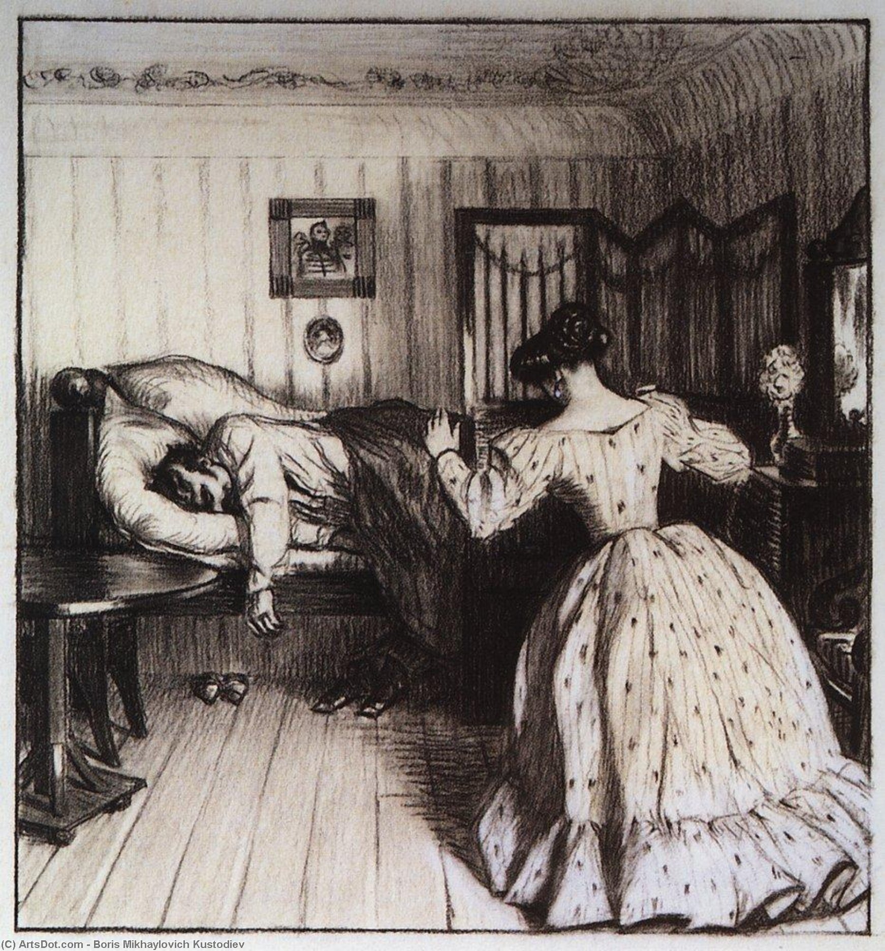 Wikioo.org - The Encyclopedia of Fine Arts - Painting, Artwork by Boris Mikhaylovich Kustodiev - Wife wakes up Chertokutsky