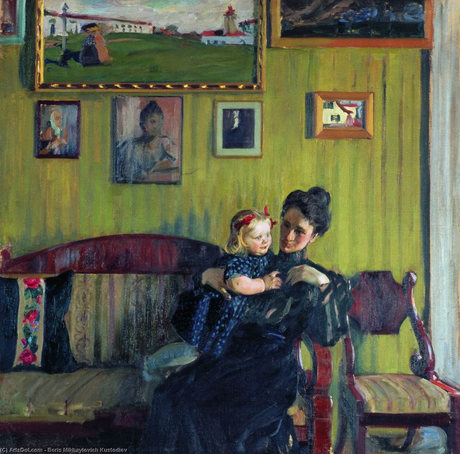 Wikoo.org - موسوعة الفنون الجميلة - اللوحة، العمل الفني Boris Mikhaylovich Kustodiev - Portrait of Y.E. Kustodieva with daughter Irina