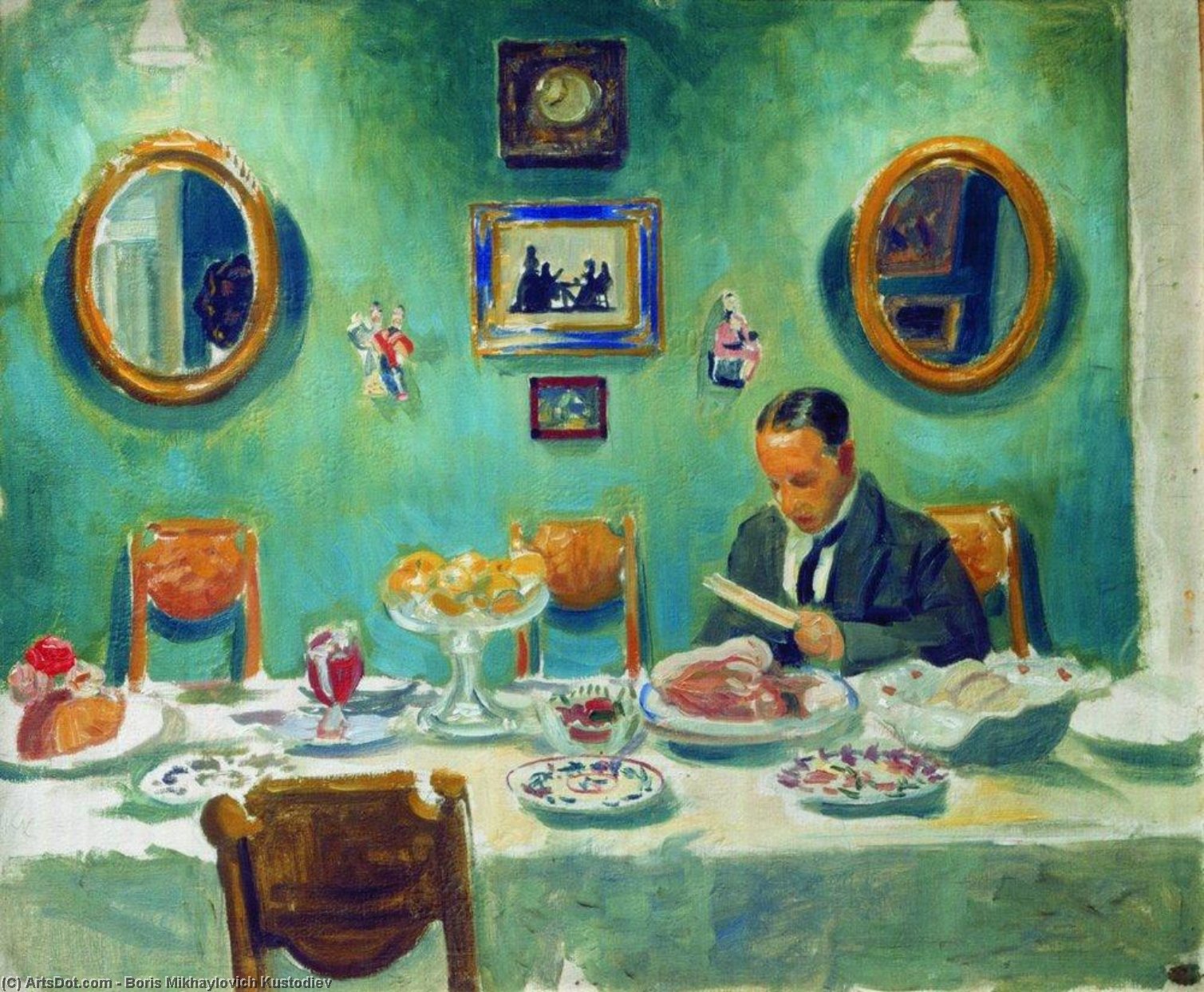 Wikioo.org - The Encyclopedia of Fine Arts - Painting, Artwork by Boris Mikhaylovich Kustodiev - Portrait of M.V. Dobuzhinsky at the table