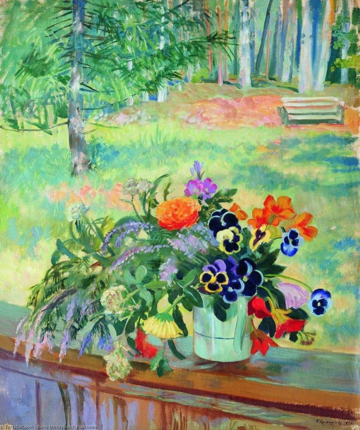 Wikioo.org - The Encyclopedia of Fine Arts - Painting, Artwork by Boris Mikhaylovich Kustodiev - A Bouquet of Flowers on the Balcony