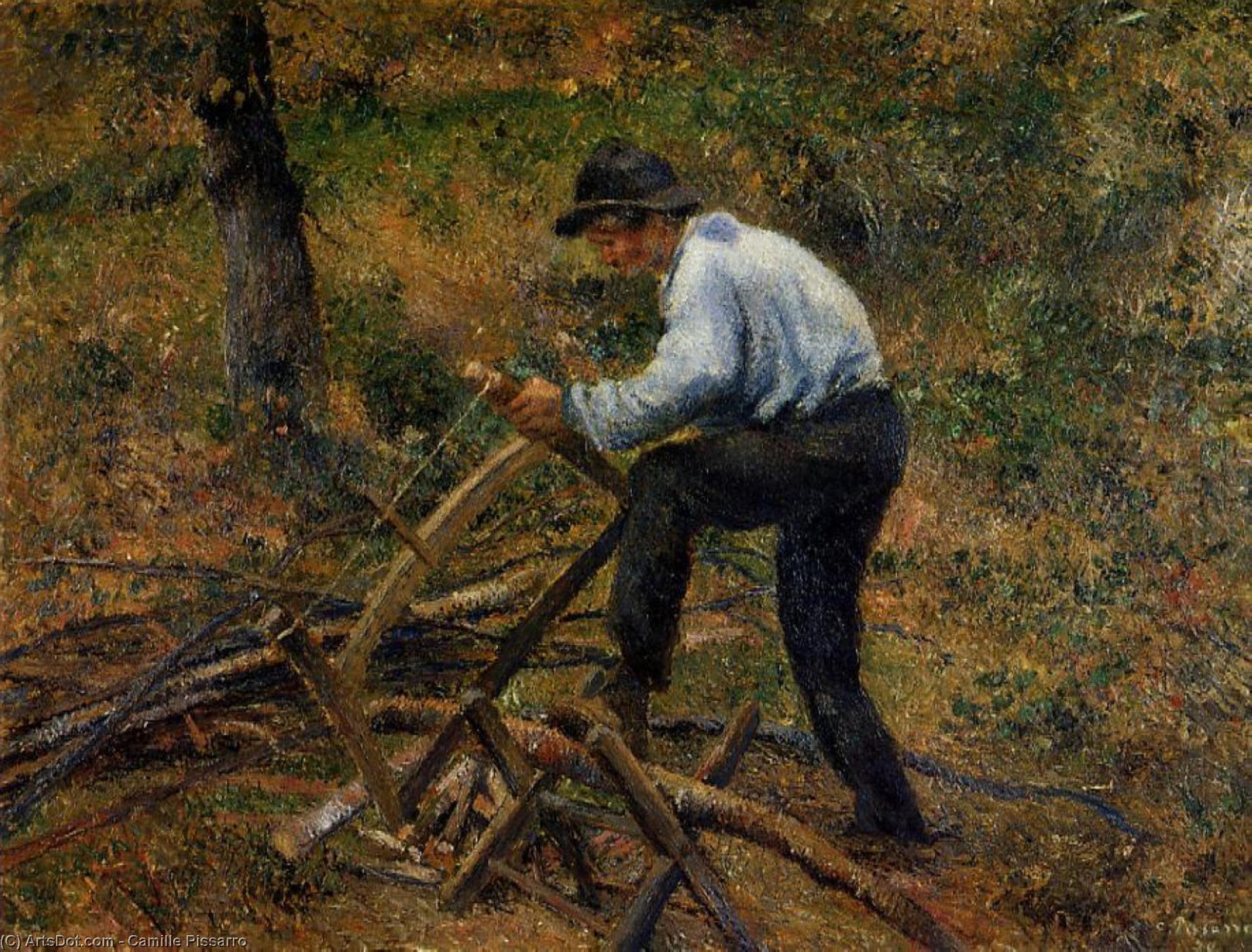 Wikioo.org - The Encyclopedia of Fine Arts - Painting, Artwork by Camille Pissarro - Pere Melon Sawing Wood, Pontoise