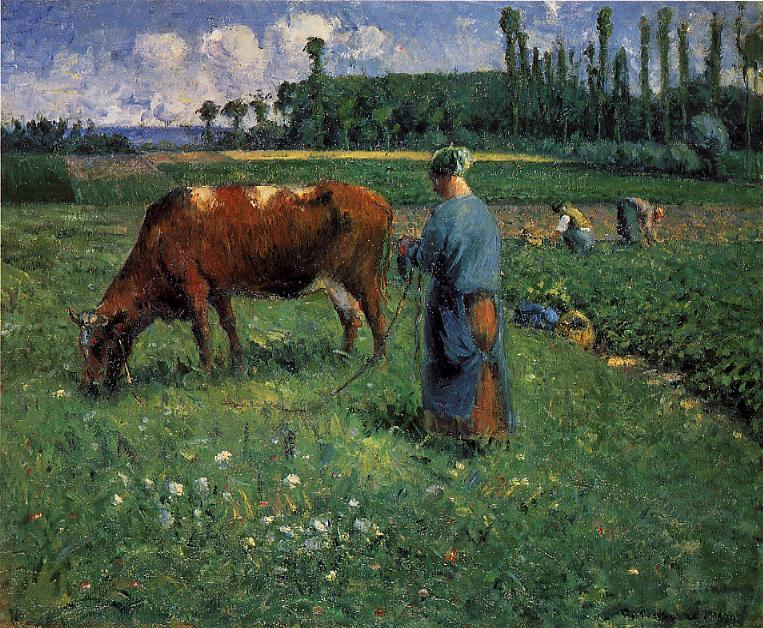 Wikioo.org - The Encyclopedia of Fine Arts - Painting, Artwork by Camille Pissarro - Girl Tending a Cow in Pasture