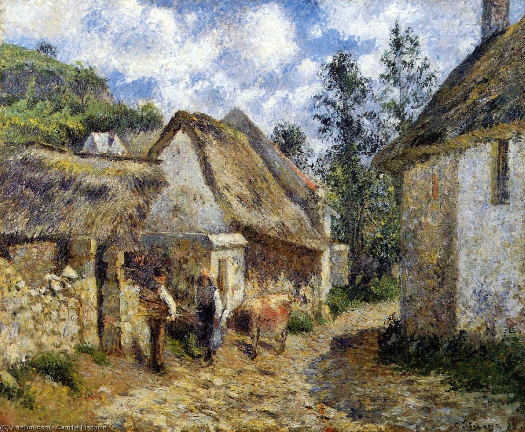 Wikioo.org - The Encyclopedia of Fine Arts - Painting, Artwork by Camille Pissarro - A Street in Auvers (Thatched Cottage and Cow)
