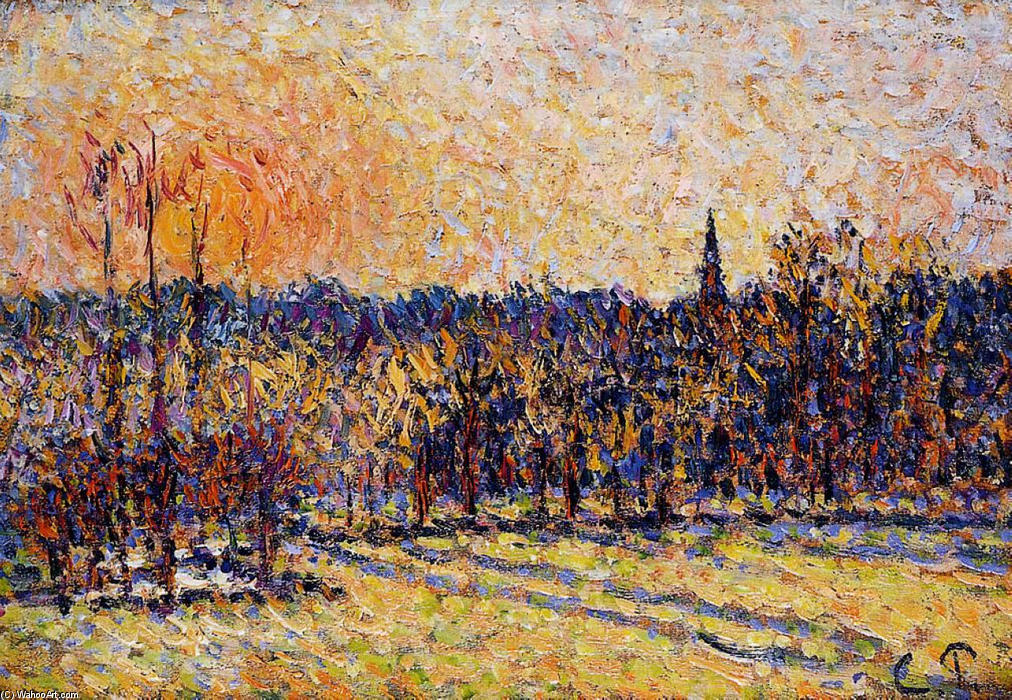 Wikioo.org - The Encyclopedia of Fine Arts - Painting, Artwork by Camille Pissarro - Sunset, Bazincourt Steeple