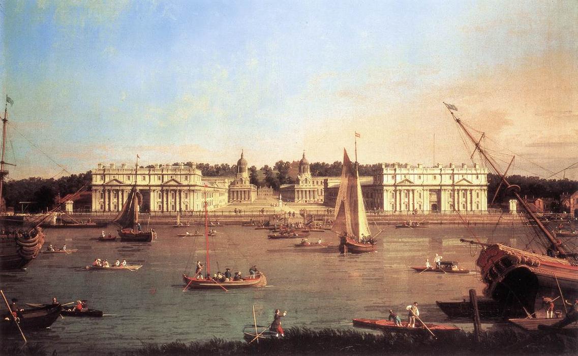 Wikioo.org - สารานุกรมวิจิตรศิลป์ - จิตรกรรม Giovanni Antonio Canal (Canaletto) - London: Greenwich Hospital from the North Bank of the Thames