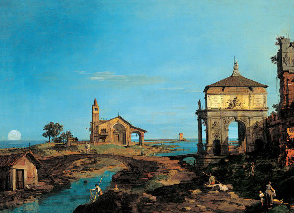 Wikoo.org - موسوعة الفنون الجميلة - اللوحة، العمل الفني Giovanni Antonio Canal (Canaletto) - An Island in the Lagoon with a Gateway and a Church