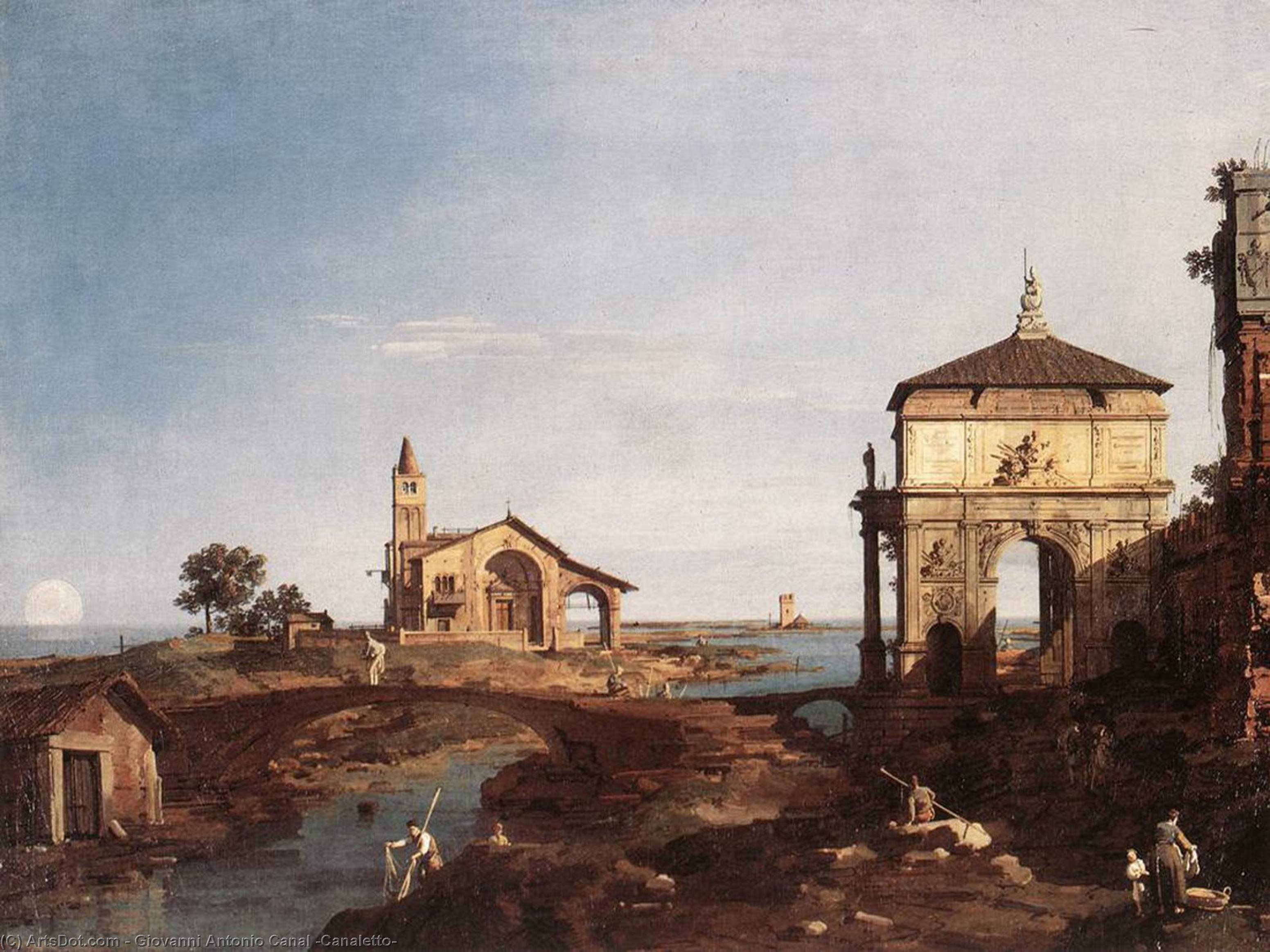 Wikioo.org – L'Encyclopédie des Beaux Arts - Peinture, Oeuvre de Giovanni Antonio Canal (Canaletto) - Capriccio avec vénitiens Motifs
