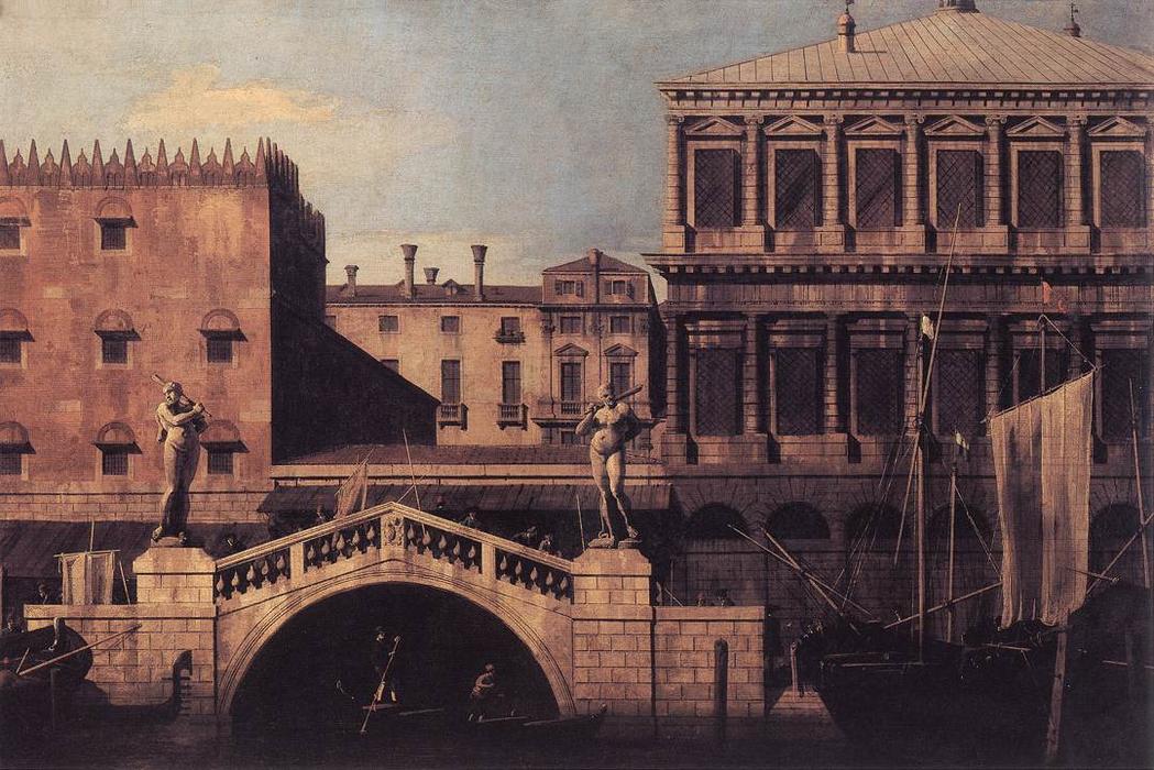 Wikioo.org - The Encyclopedia of Fine Arts - Painting, Artwork by Giovanni Antonio Canal (Canaletto) - Capriccio: The Ponte della Pescaria and Buildings on the Quay
