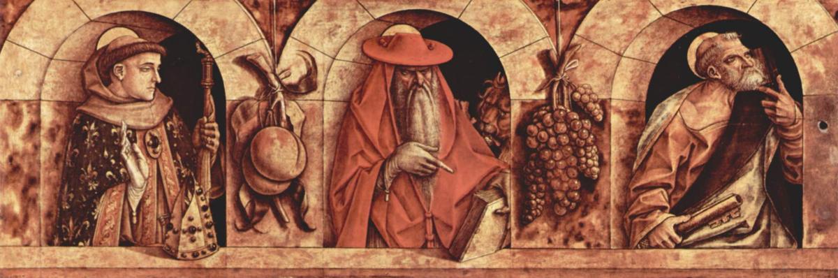 Wikioo.org - The Encyclopedia of Fine Arts - Painting, Artwork by Carlo Crivelli - Saint Louis of Toulouse Saint Jerome Saint Peter and