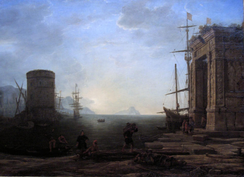 Wikioo.org - The Encyclopedia of Fine Arts - Painting, Artwork by Claude Lorrain (Claude Gellée) - Harbour view at sunrise