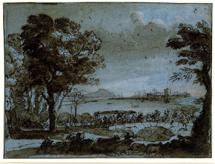 Wikioo.org - The Encyclopedia of Fine Arts - Painting, Artwork by Claude Lorrain (Claude Gellée) - Coast scene with a battle on a bridge