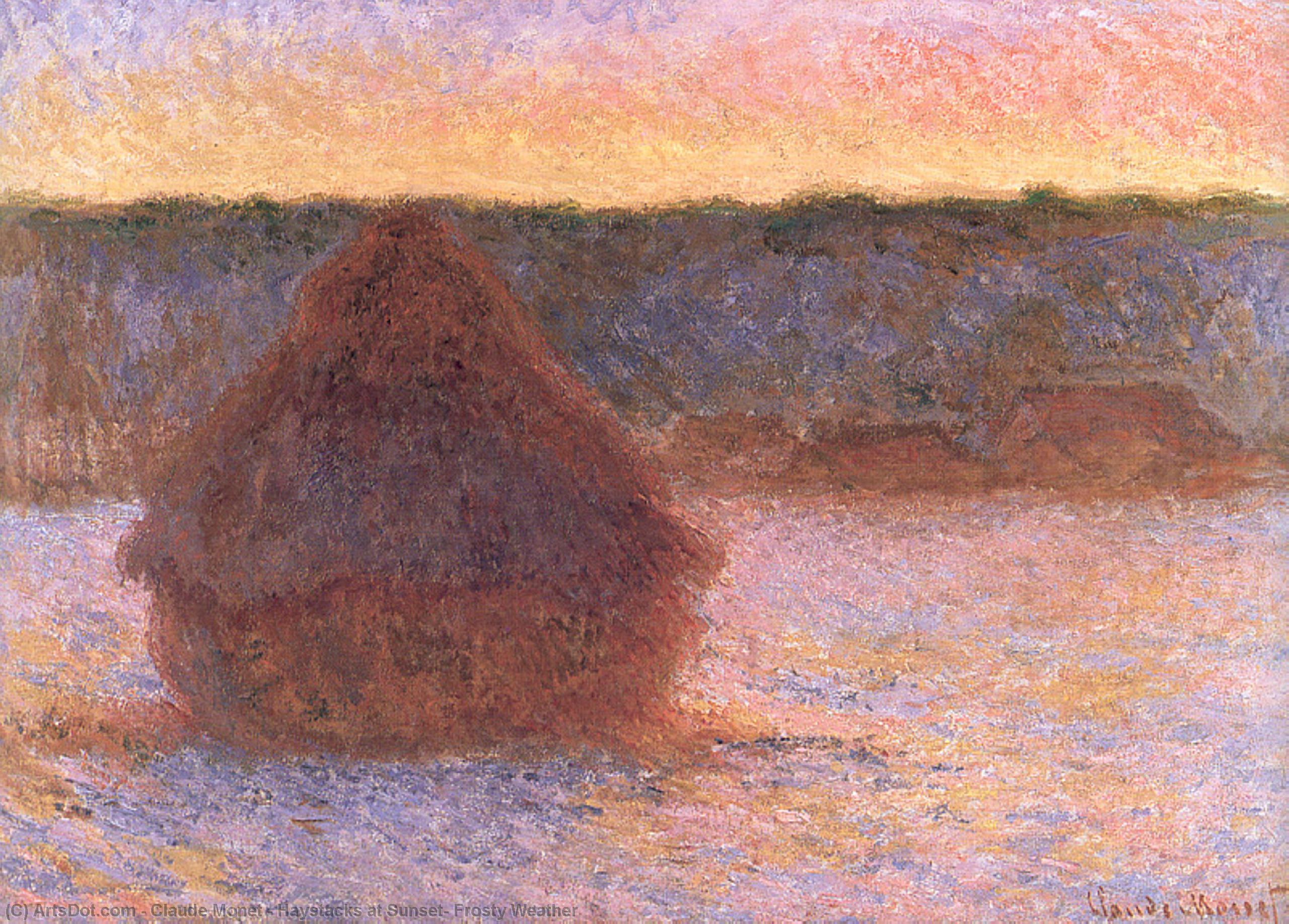 Wikioo.org - The Encyclopedia of Fine Arts - Painting, Artwork by Claude Monet - Haystacks at Sunset, Frosty Weather