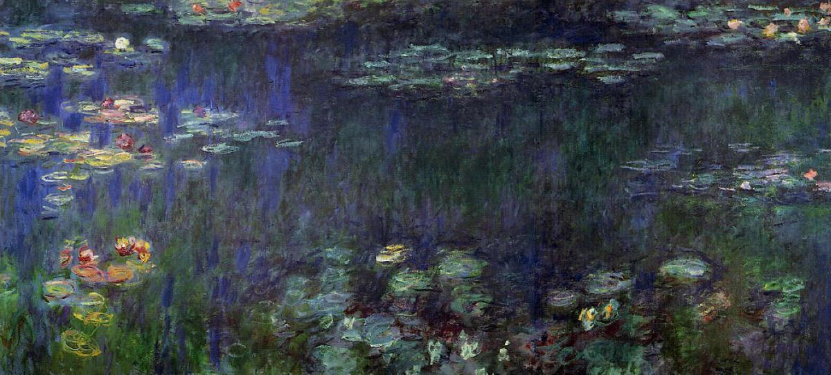 Wikoo.org - موسوعة الفنون الجميلة - اللوحة، العمل الفني Claude Monet - Water Lilies, Green Reflection (left half)