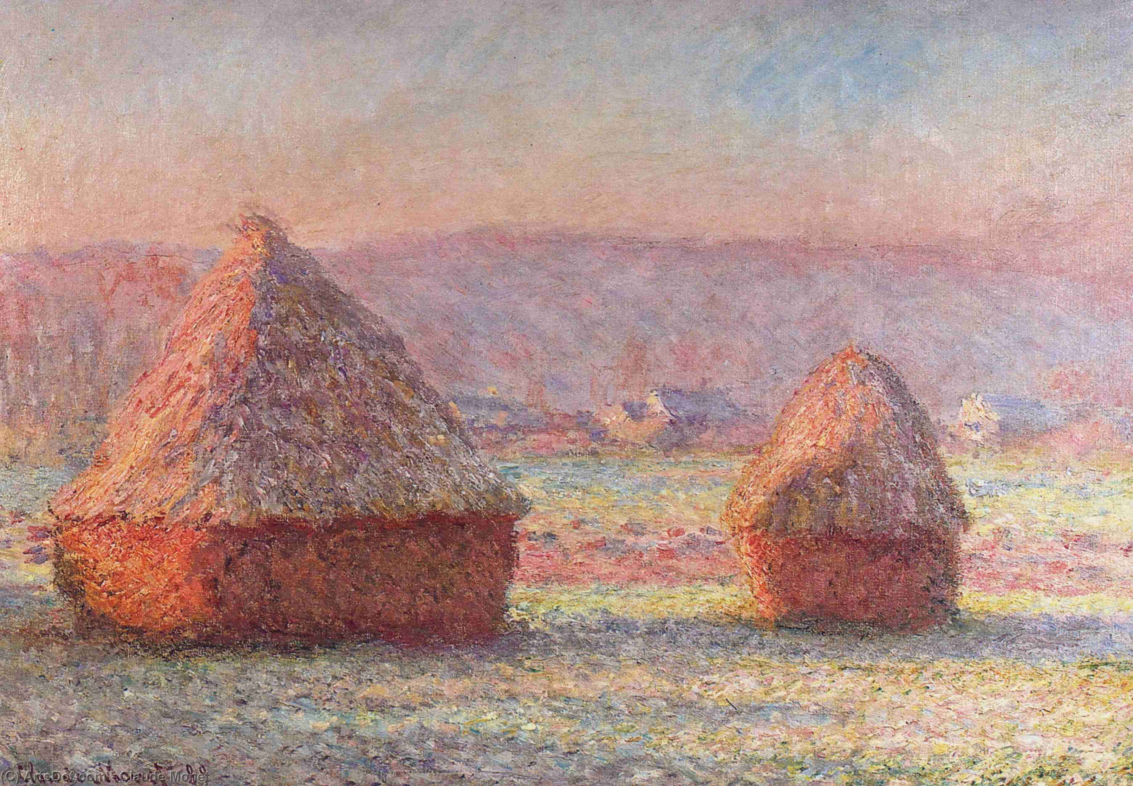 WikiOO.org - Encyclopedia of Fine Arts - Maleri, Artwork Claude Monet - Haystacks - White Frost, Sunrise