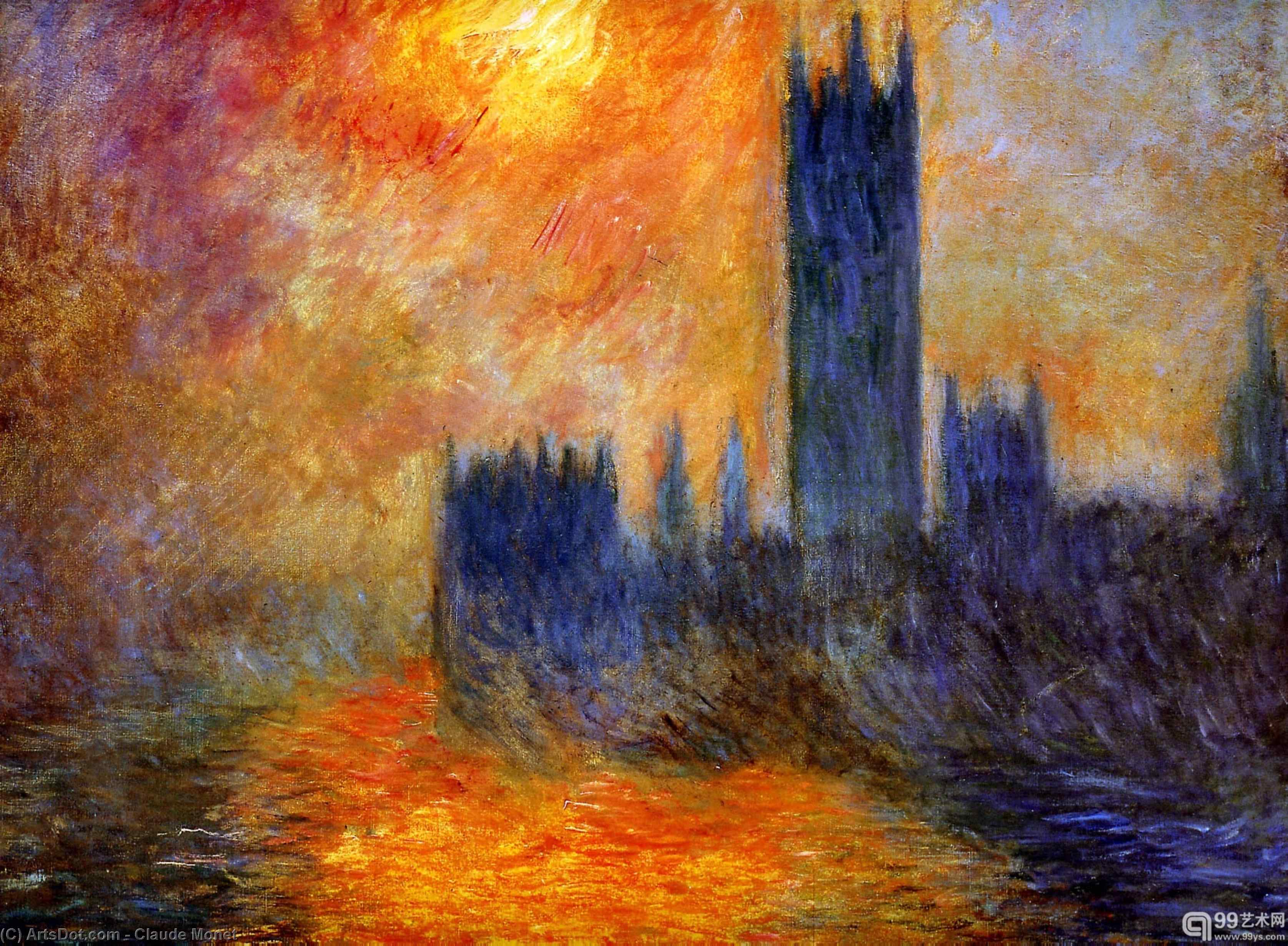WikiOO.org - Enciklopedija dailės - Tapyba, meno kuriniai Claude Monet - House of Parliament Sun
