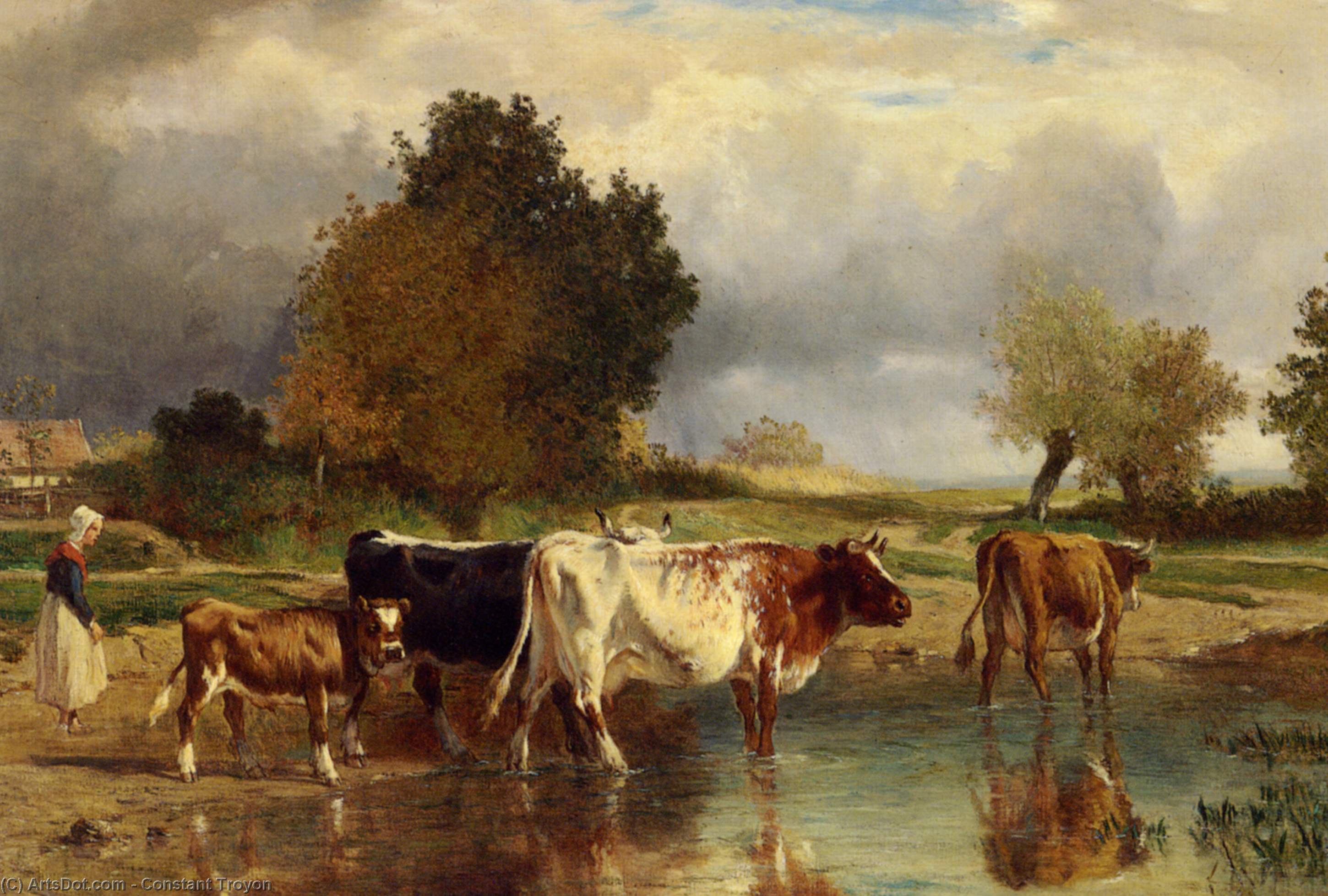 Wikioo.org - The Encyclopedia of Fine Arts - Painting, Artwork by Constant Troyon - Calf cows at the marl
