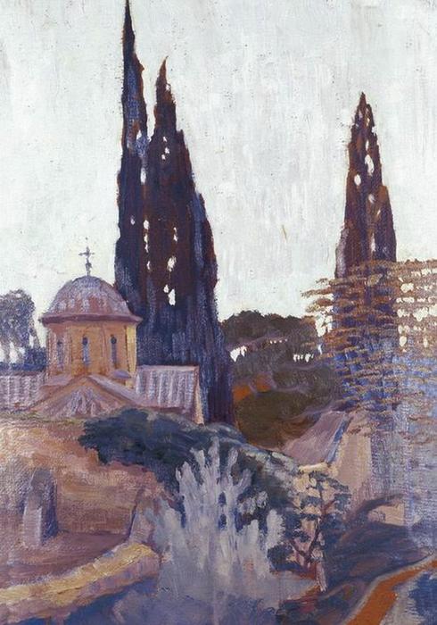 Wikioo.org – La Enciclopedia de las Bellas Artes - Pintura, Obras de arte de Konstantinos Maleas - Iglesia con Cypress