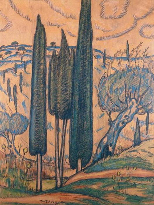 WikiOO.org - אנציקלופדיה לאמנויות יפות - ציור, יצירות אמנות Konstantinos Maleas - Landscape with cypresses