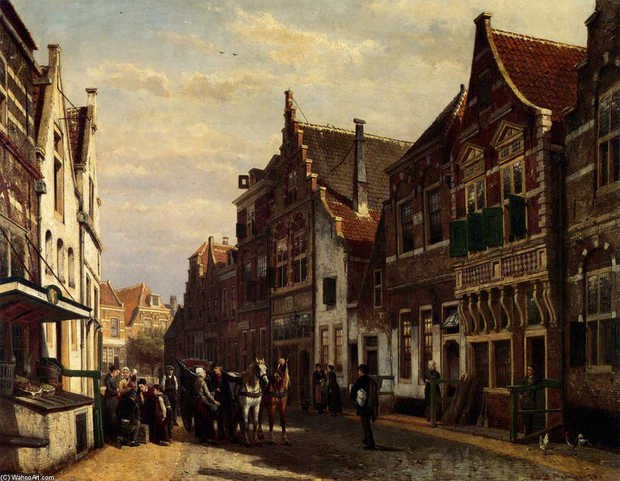 Wikioo.org - The Encyclopedia of Fine Arts - Painting, Artwork by Cornelis Springer - Oudewater Street At Summer