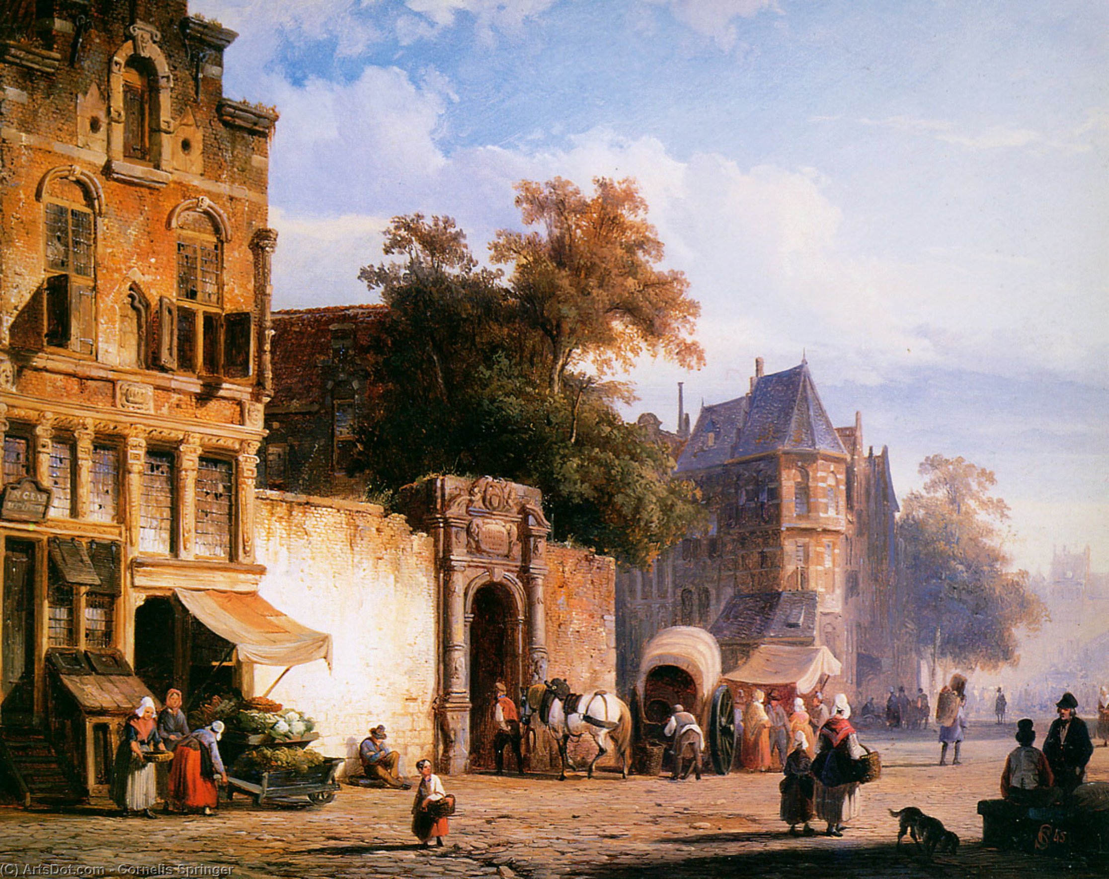 Wikioo.org - The Encyclopedia of Fine Arts - Painting, Artwork by Cornelis Springer - Cityview wiith marketstall