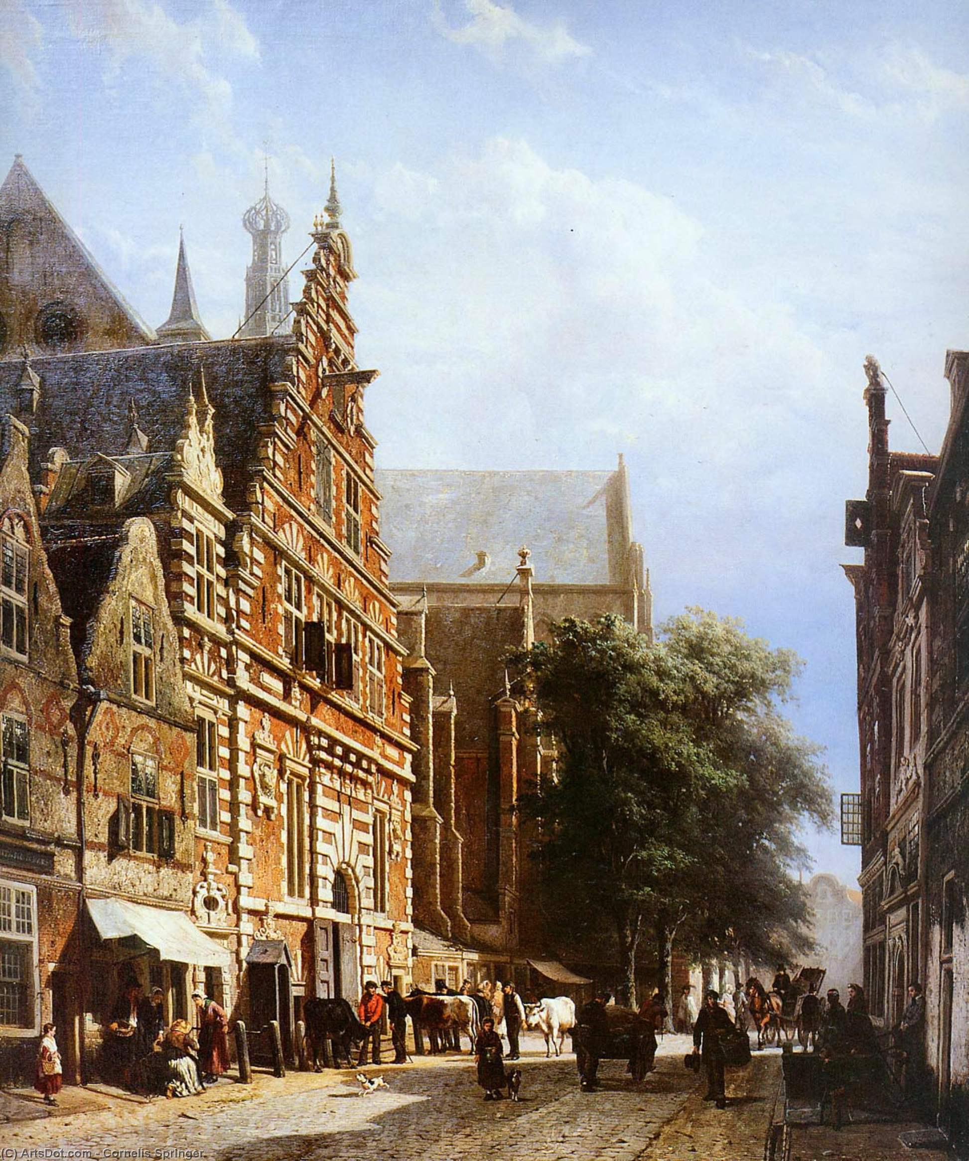 Wikioo.org - The Encyclopedia of Fine Arts - Painting, Artwork by Cornelis Springer - Vleeschhal and Grote Kerk in Haarlem
