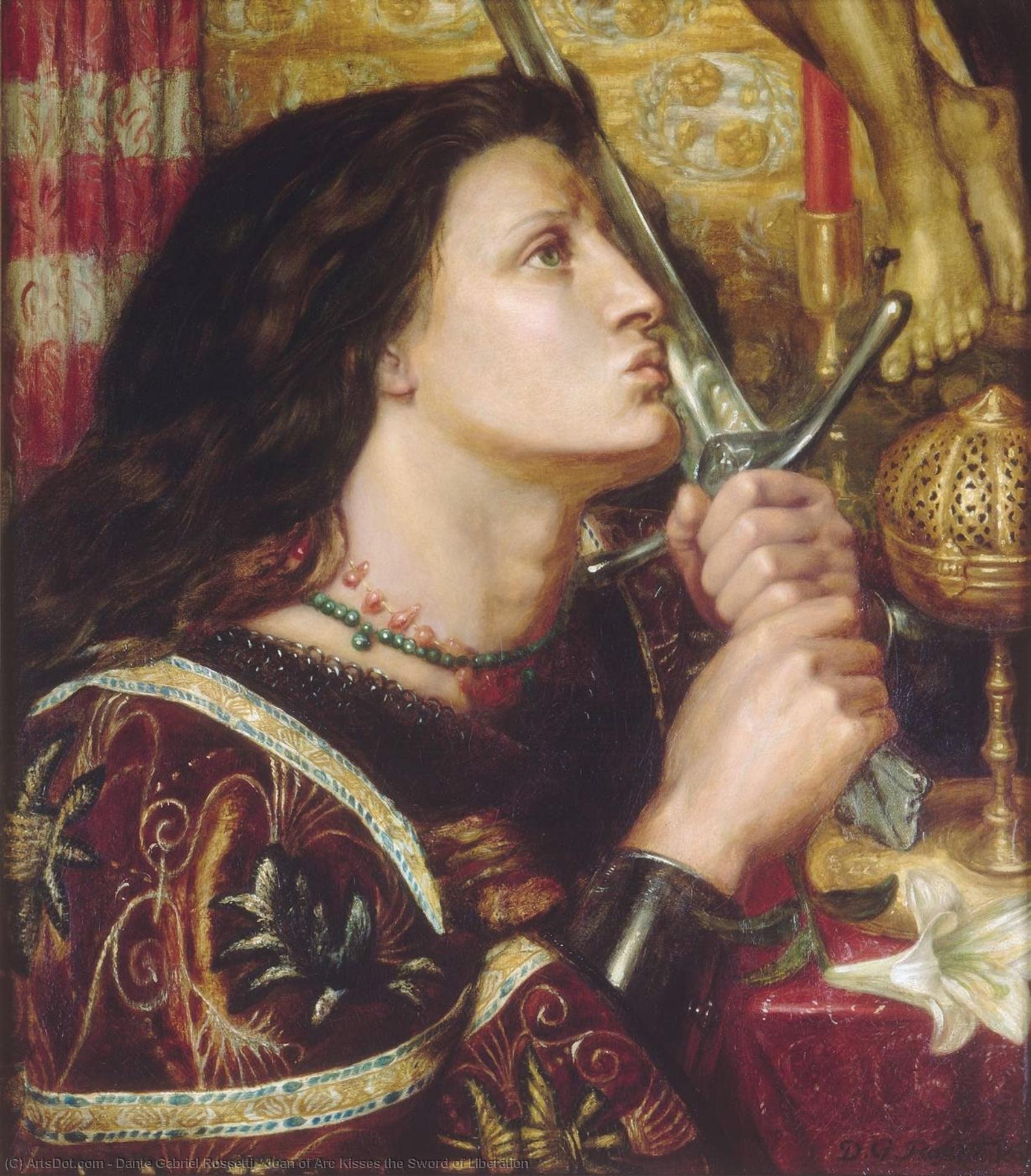 Wikioo.org - สารานุกรมวิจิตรศิลป์ - จิตรกรรม Dante Gabriel Rossetti - Joan of Arc Kisses the Sword of Liberation