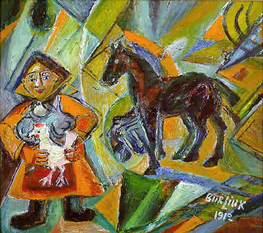 Wikioo.org - สารานุกรมวิจิตรศิลป์ - จิตรกรรม David Davidovich Burliuk - Woman with four eyes and hen