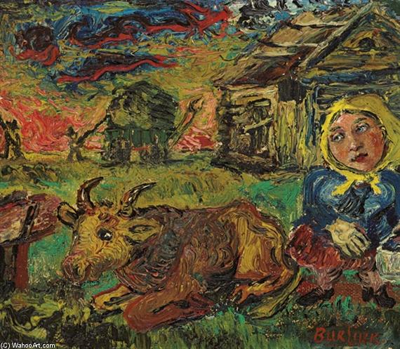 Wikioo.org - Die Enzyklopädie bildender Kunst - Malerei, Kunstwerk von David Davidovich Burliuk - Frau mit gelbem Schal und  Kuh