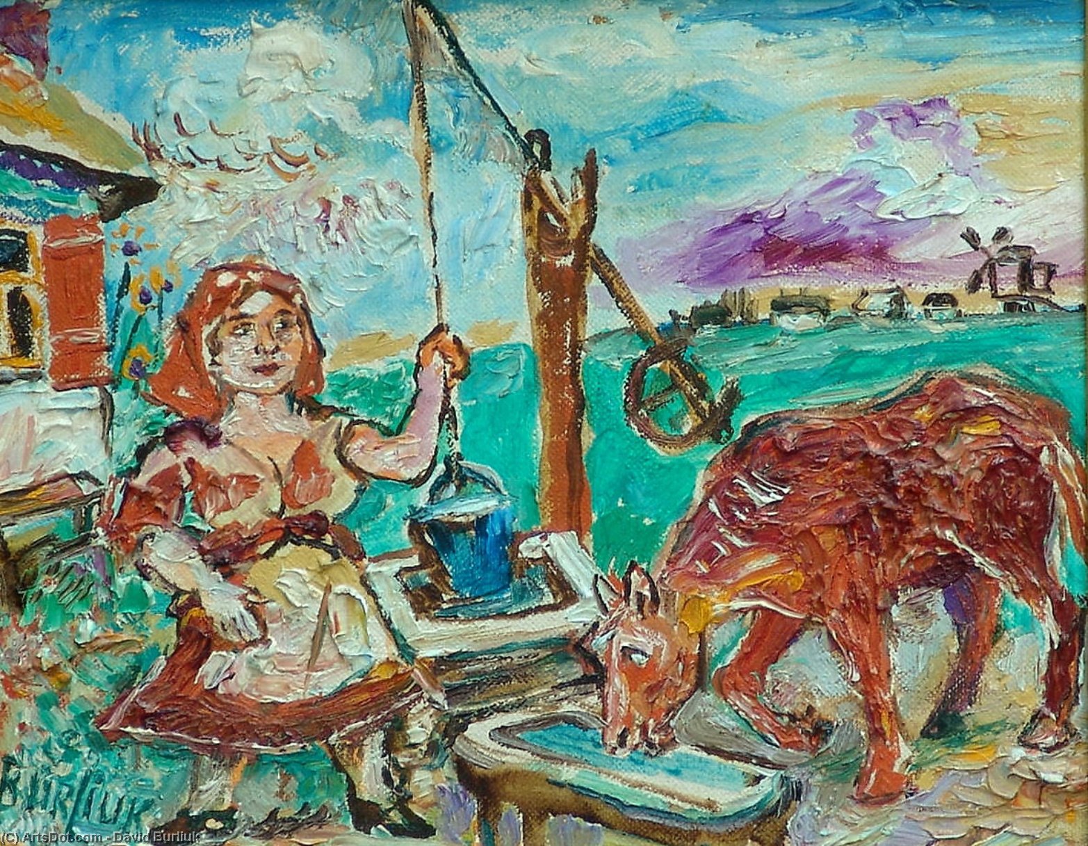Wikioo.org - The Encyclopedia of Fine Arts - Painting, Artwork by David Davidovich Burliuk - Woman with red cow