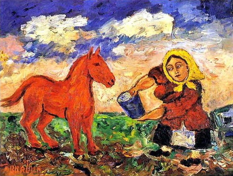 Wikioo.org - The Encyclopedia of Fine Arts - Painting, Artwork by David Davidovich Burliuk - Peasant and horse