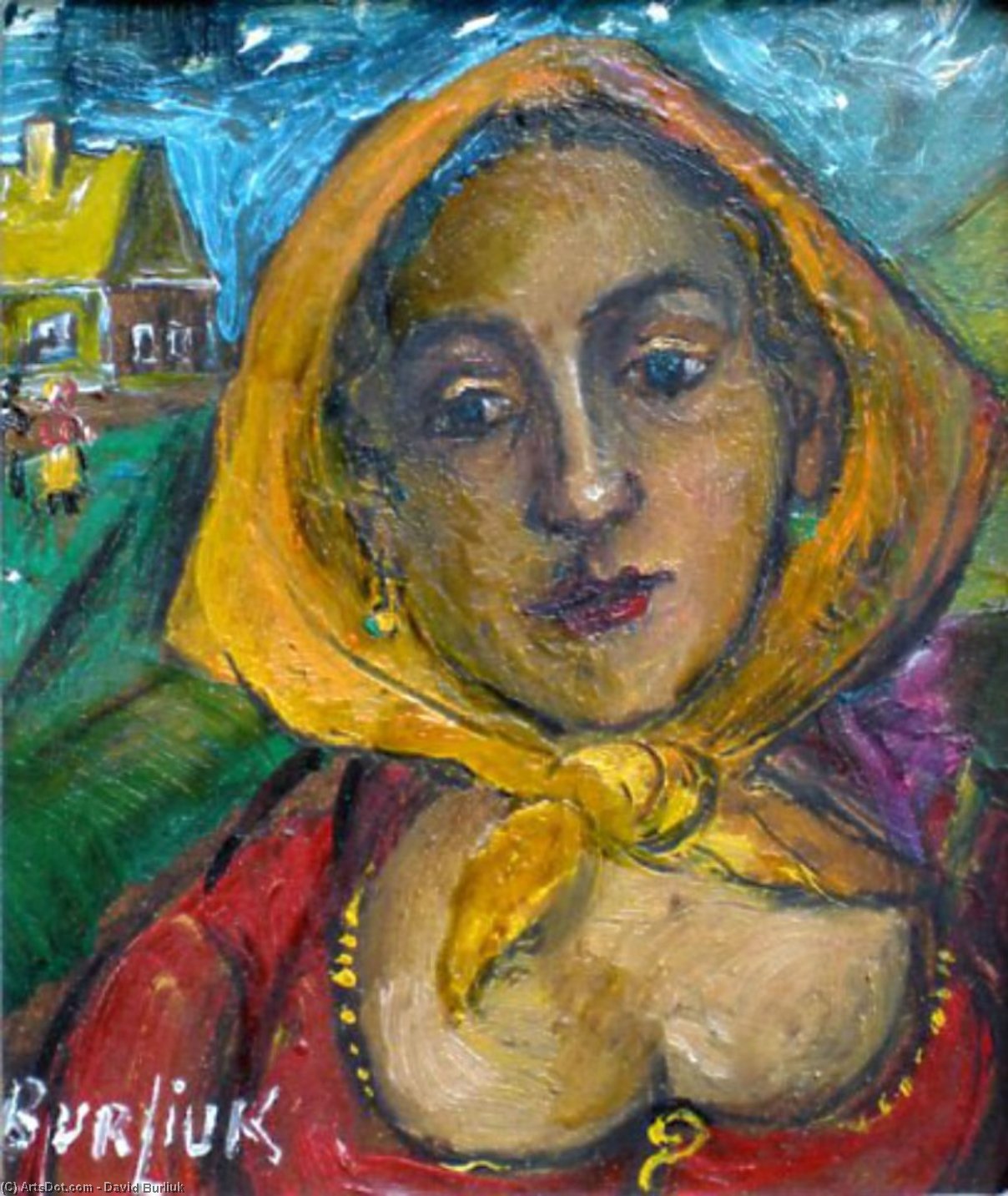 Wikioo.org - The Encyclopedia of Fine Arts - Painting, Artwork by David Davidovich Burliuk - Woman with yellow scarf