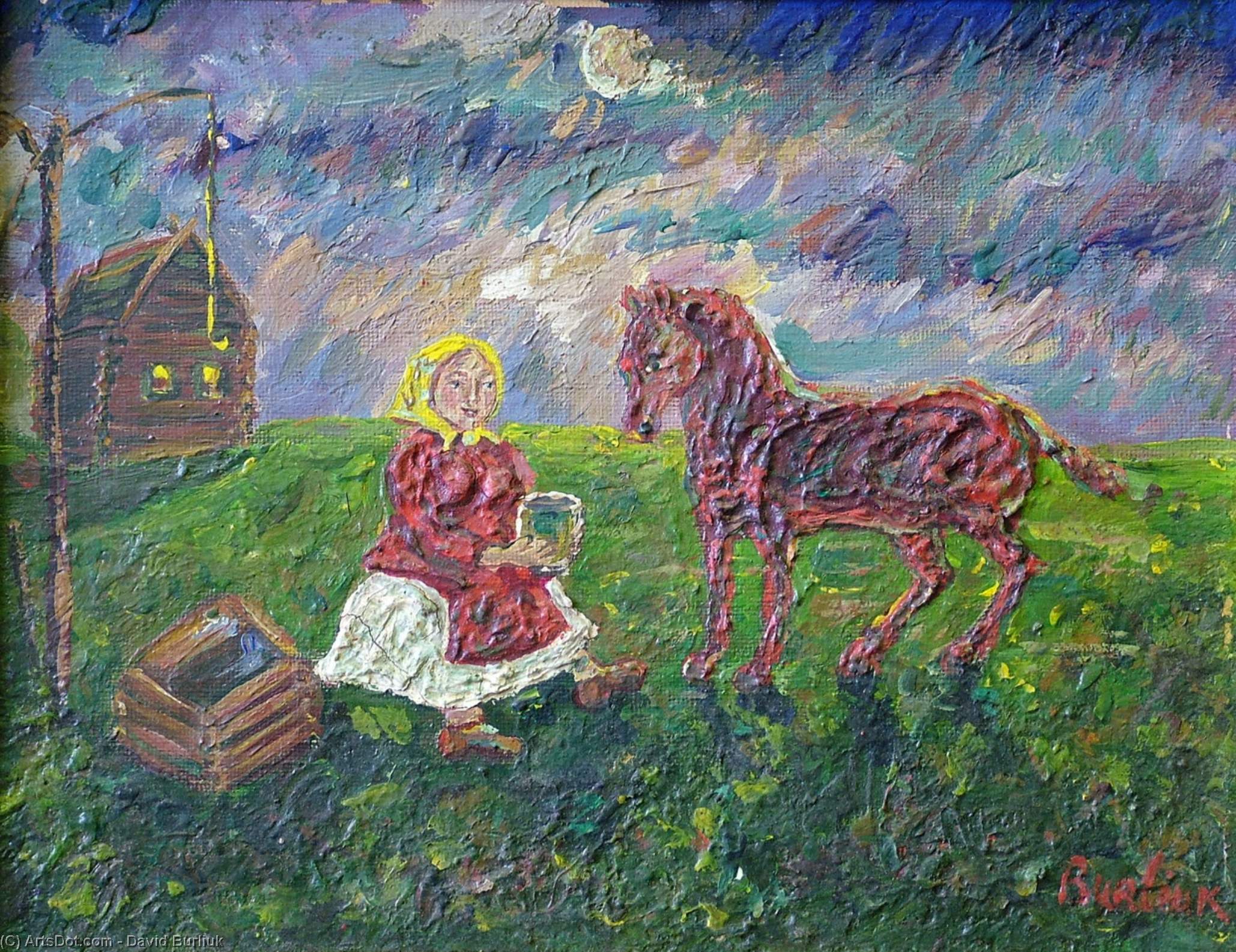 Wikioo.org - The Encyclopedia of Fine Arts - Painting, Artwork by David Davidovich Burliuk - A girl watering horse