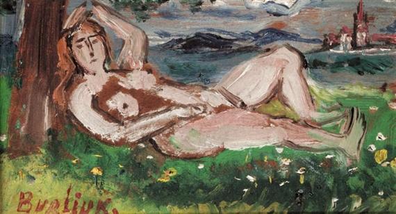 Wikioo.org - The Encyclopedia of Fine Arts - Painting, Artwork by David Davidovich Burliuk - Reclining nude in a landscape