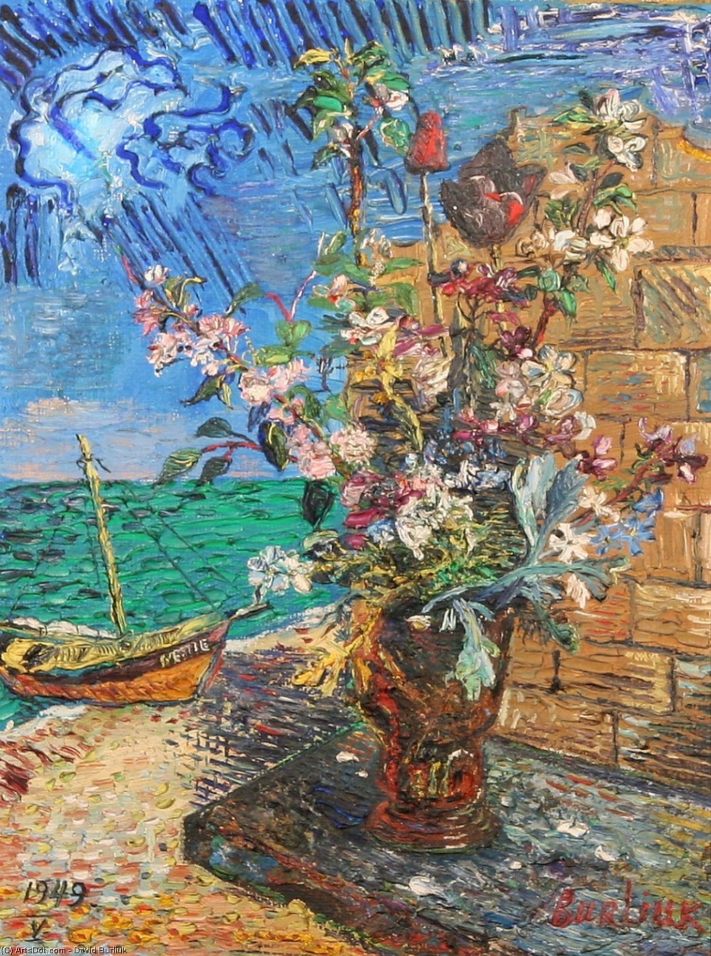 Wikioo.org - The Encyclopedia of Fine Arts - Painting, Artwork by David Davidovich Burliuk - Flowers near the sea