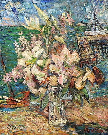 Wikioo.org - Bách khoa toàn thư về mỹ thuật - Vẽ tranh, Tác phẩm nghệ thuật David Davidovich Burliuk - Still life with boats & enbarkment