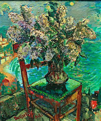 Wikioo.org - The Encyclopedia of Fine Arts - Painting, Artwork by David Davidovich Burliuk - Still life with lilacs by the sea