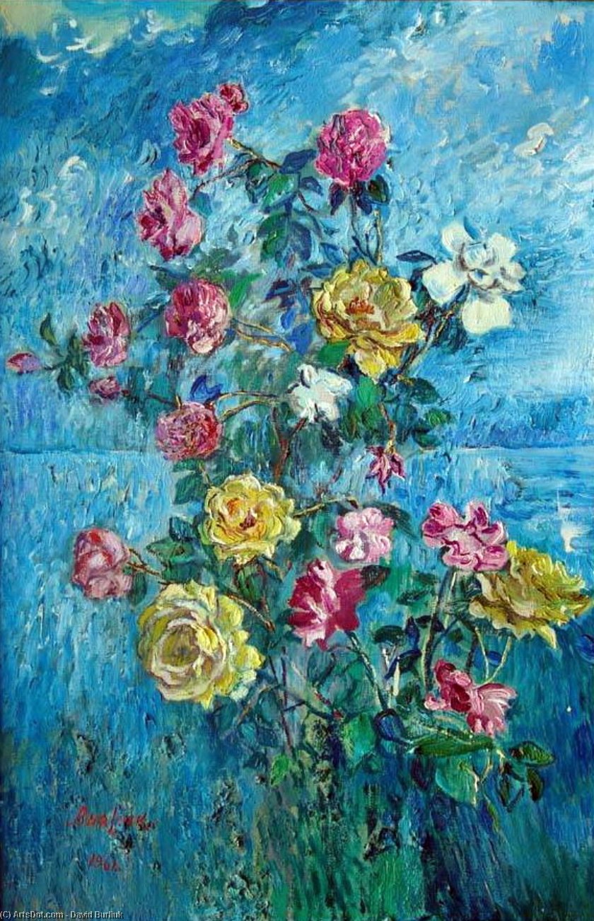 Wikioo.org - The Encyclopedia of Fine Arts - Painting, Artwork by David Davidovich Burliuk - Roses with blue background