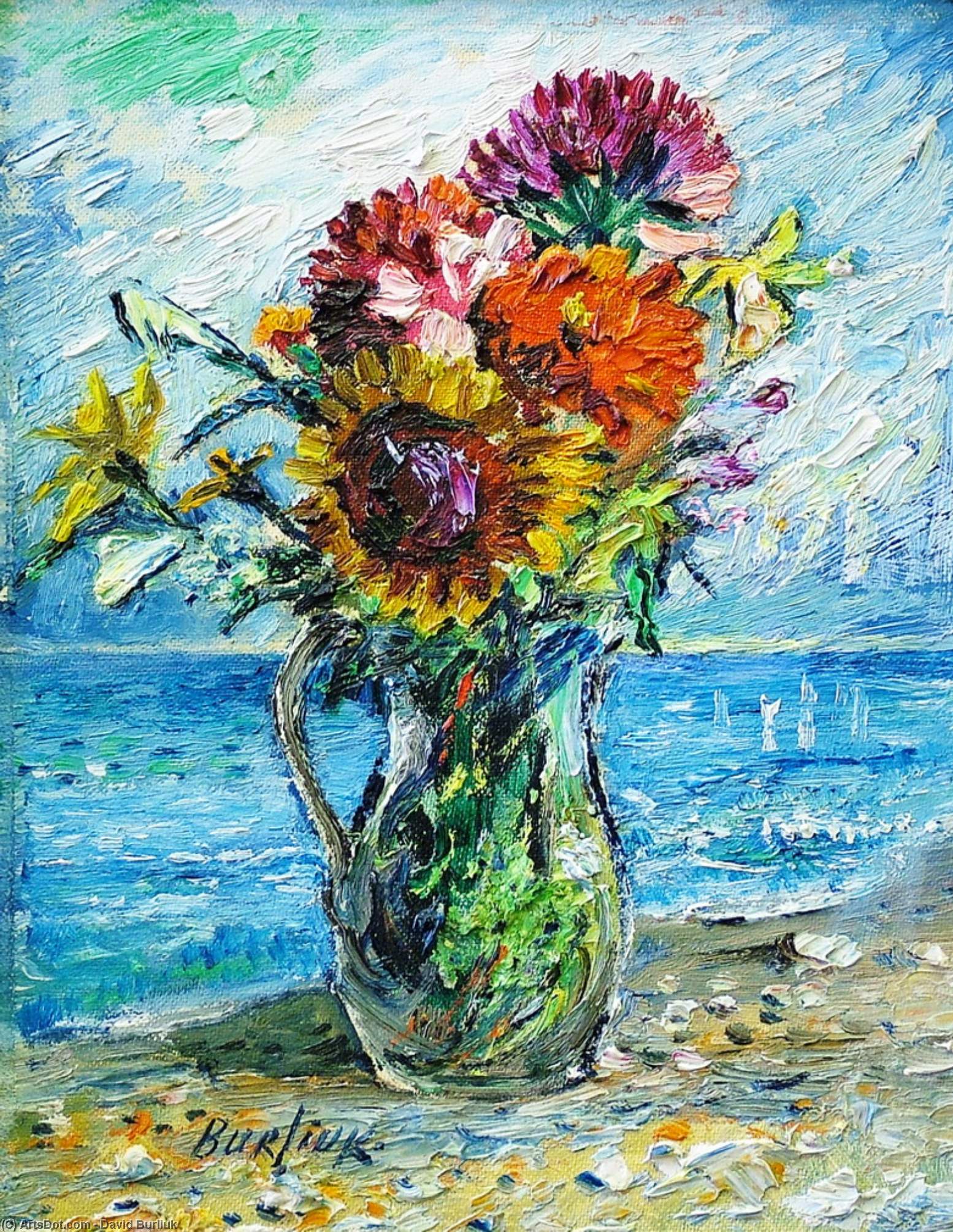 Wikioo.org - The Encyclopedia of Fine Arts - Painting, Artwork by David Davidovich Burliuk - Bouquet of wild flowers with ocean background