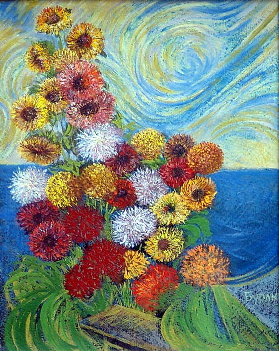Wikioo.org - The Encyclopedia of Fine Arts - Painting, Artwork by David Davidovich Burliuk - Chrysanthemums and asters