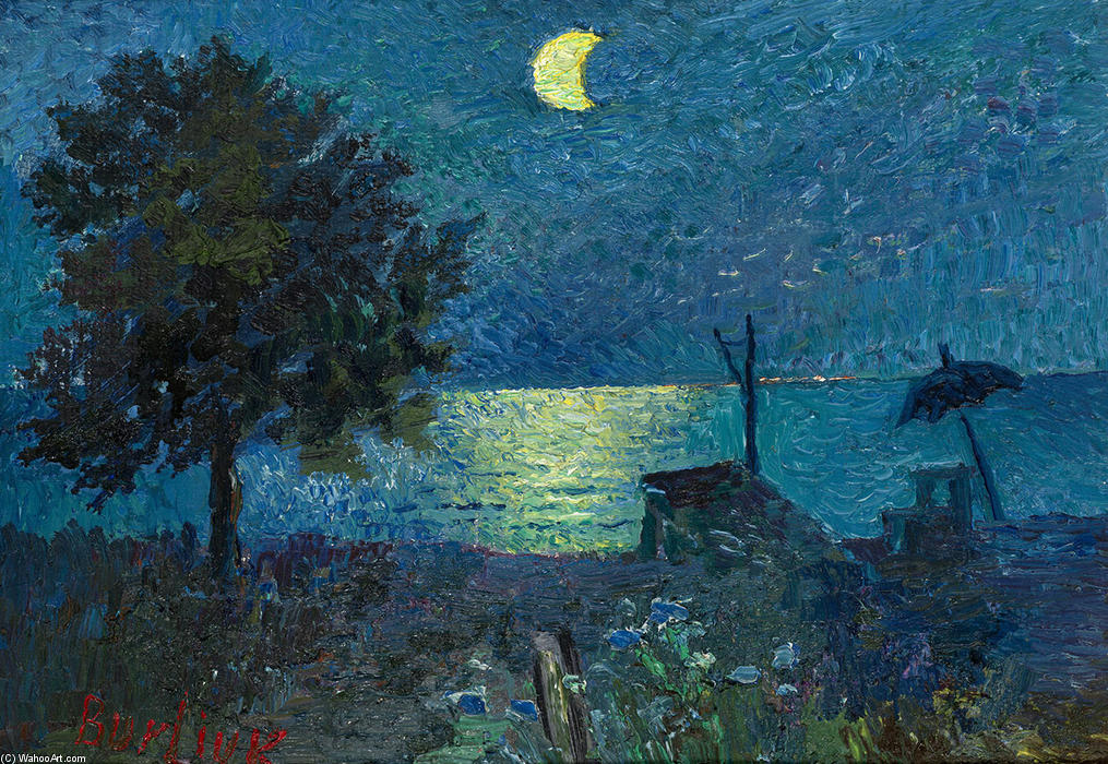 Wikioo.org - The Encyclopedia of Fine Arts - Painting, Artwork by David Davidovich Burliuk - Sea at Night