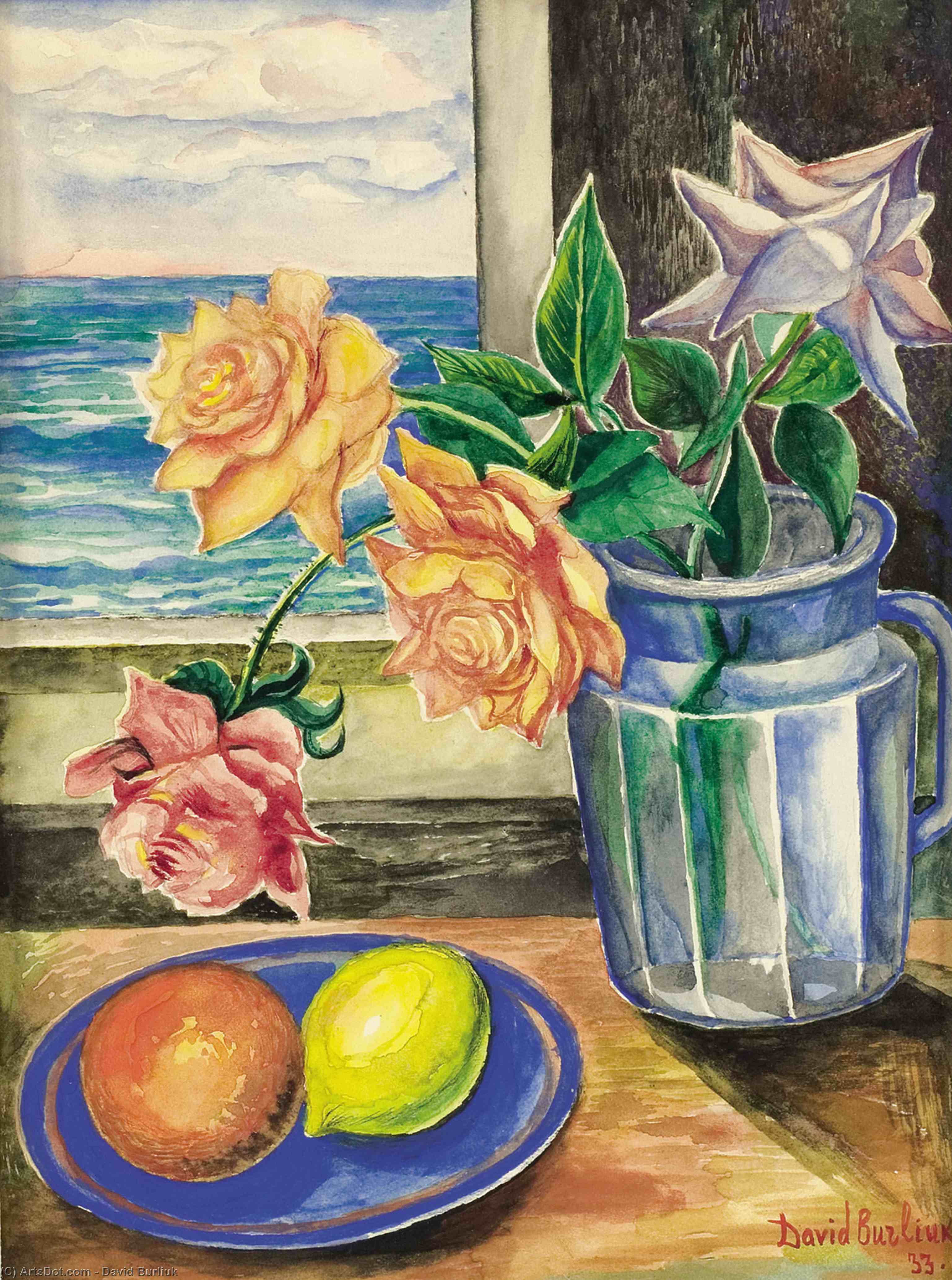 Wikioo.org - The Encyclopedia of Fine Arts - Painting, Artwork by David Davidovich Burliuk - Still life with roses and fruits
