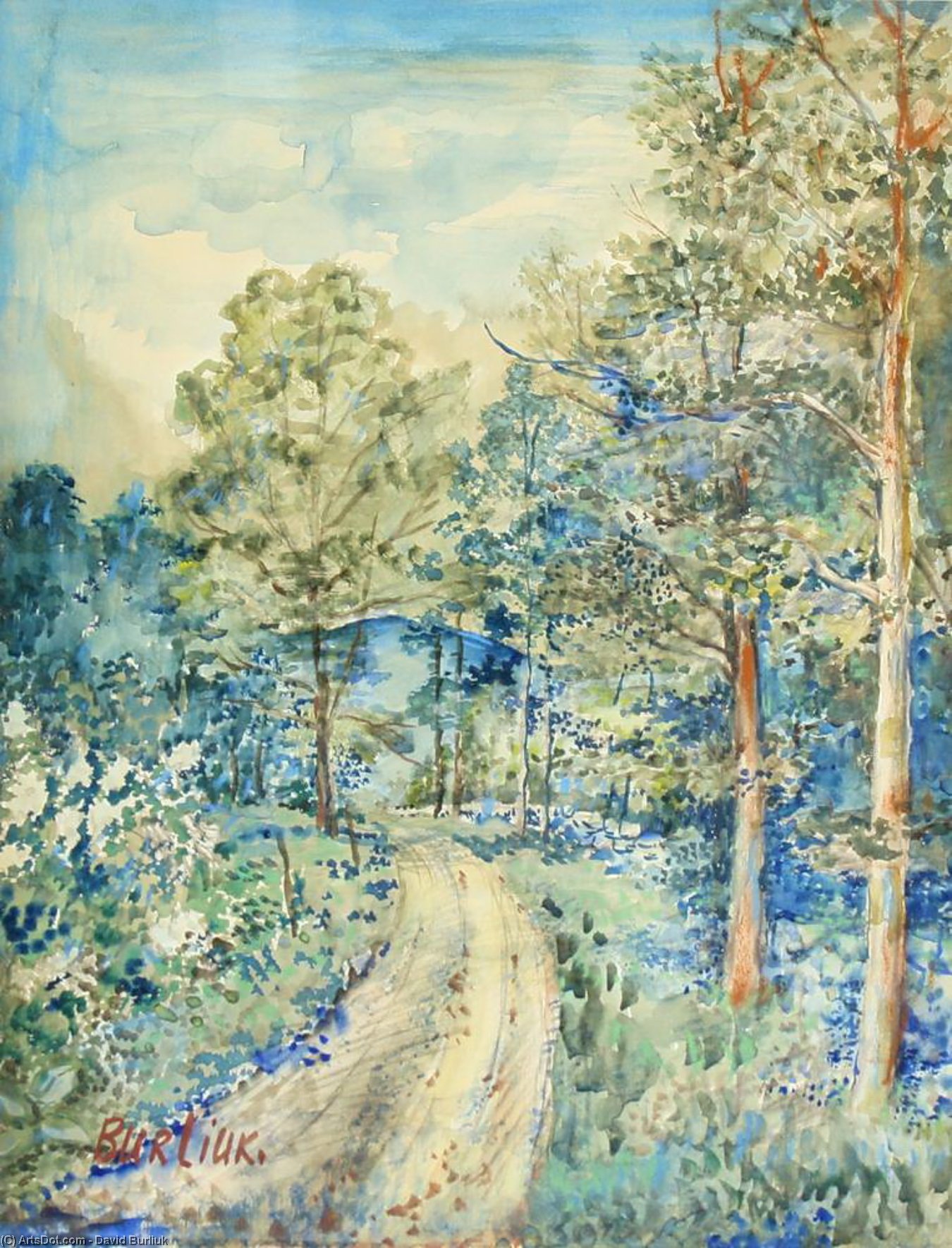 Wikioo.org - The Encyclopedia of Fine Arts - Painting, Artwork by David Davidovich Burliuk - Landscape with blue mountain